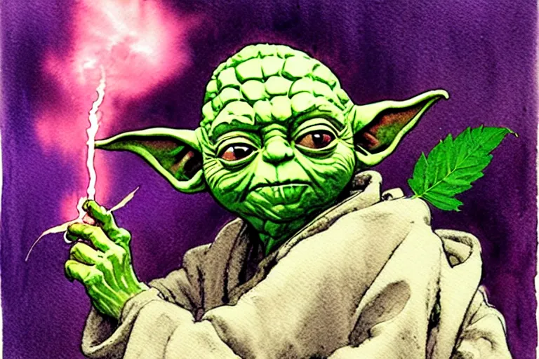 Image similar to a realistic and atmospheric watercolour fantasy character concept art portrait of yoda with pink eyes looking confused holding a blunt with a pot leaf nearby, by rebecca guay, michael kaluta, charles vess and jean moebius giraud