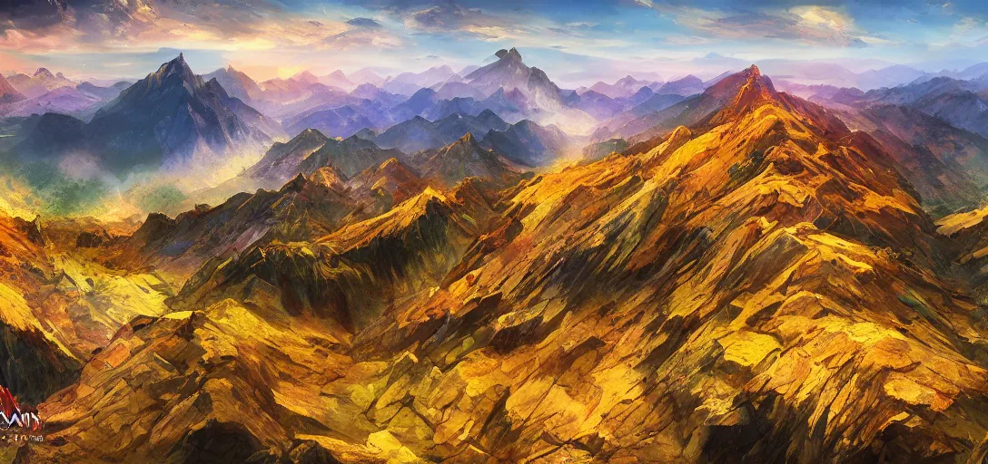 Image similar to vast mountain landscape, craggy mountains, magic the gathering, three - colors, three - color color palette, panoramic, wide angle, horizon, highly detailed