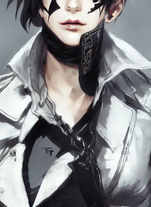 Image similar to Half body portrait of young woman with short hair, eyepatch, white shirt, ornate leather jacket. In style of Yoji Shinkawa and Hyung-tae Kim, trending on ArtStation, dark fantasy, great composition, concept art, highly detailed, dynamic pose.