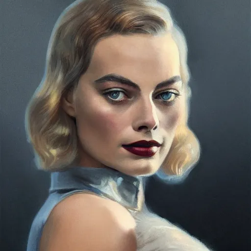 Image similar to closeup portrait of margot robbie, 1 9 2 0 s, femme fatale, dramatic lighting, city background, chiaroscuro, high detail, painted by greg rutkowski, painted by igor kieryluk, painted by bobby chiu, trending on artstation