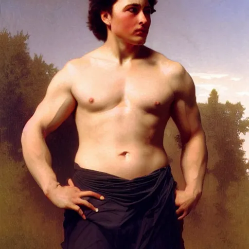 Image similar to Painting of muscular Elon Musk. Art by william adolphe bouguereau. During golden hour. Extremely detailed. Beautiful. 4K. Award winning.