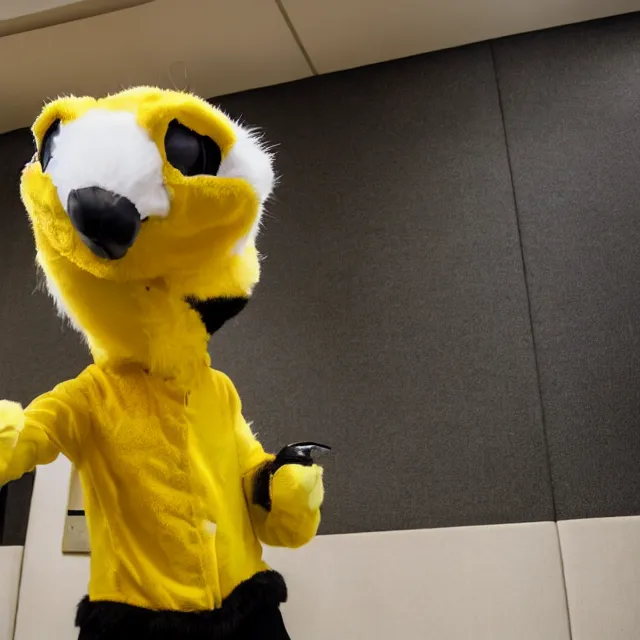 Image similar to a person wearing a fursuit of a yellow bill magpie fursona, fursona, furry convention, hotel lobby, indoors, photograph, furry fandom, photorealistic,