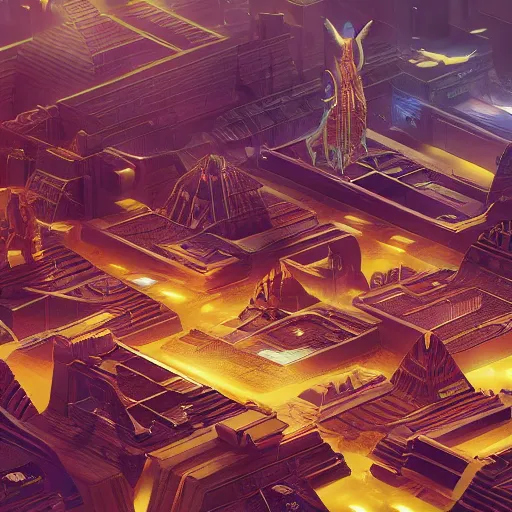 Image similar to a scene of a beautiful intricate epic futuristic pharaoh city with a cyber pyramid, a neo sphynx and hovering chariots taken from a distance, minimalist, cinematic lighting