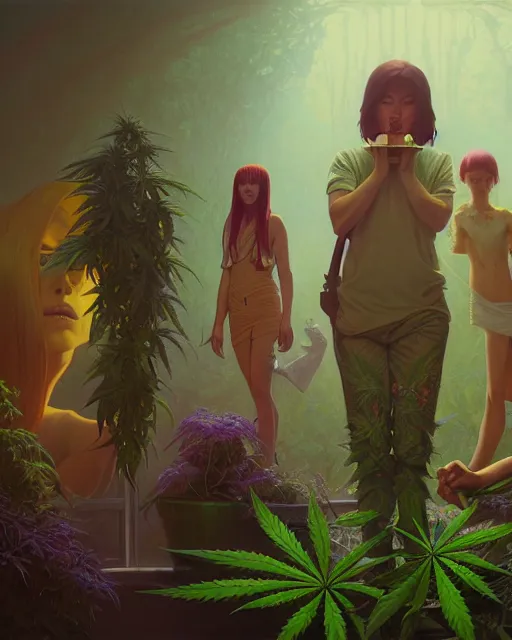 Image similar to highly detailed surreal vfx portrait of a marijuana weed cult, stephen bliss, unreal engine, greg rutkowski, loish, rhads, beeple, makoto shinkai and lois van baarle, ilya kuvshinov, rossdraws, tom bagshaw, alphonse mucha, global illumination, detailed and intricate environment