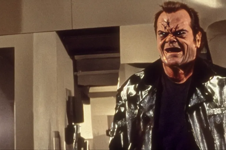Prompt: Jack Nicholson plays Terminator Pikachu, scene where his endoskeleton gets exposed, still from the film