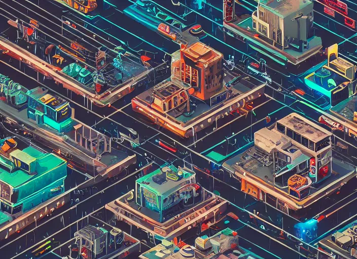 Image similar to Isometric photograph of a cyberpunk city, asian, gritty, highly detailed, extreme detail, 4k, raining, police scene, grimy, flying cars