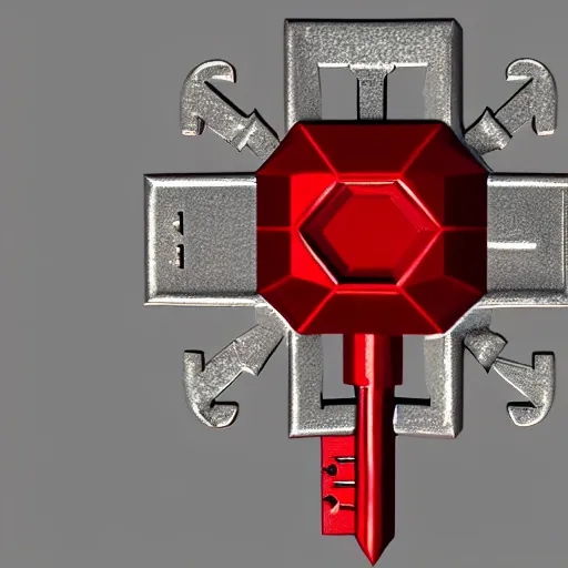 Image similar to a 3d game object of the metal key, very realistic, with large red diamond in it, it is very detailed, on the white background, rpg game inventory item