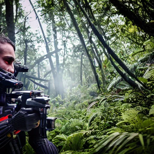 Image similar to close up Crysis Nanosuit shooting at enemies in a devastated burning exploding jungle combat photography 2022, Canon EOS R3, f/1.4, ISO 200, 1/160s, 8K, RAW, unedited, in-frame,