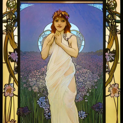 Prompt: A goddess with a transparent body in a field of flowers, bursting with holy light, the weather bright, light shining from the clouds, Tyndall effect, Alphonse Mucha --h 1024 --w 1024