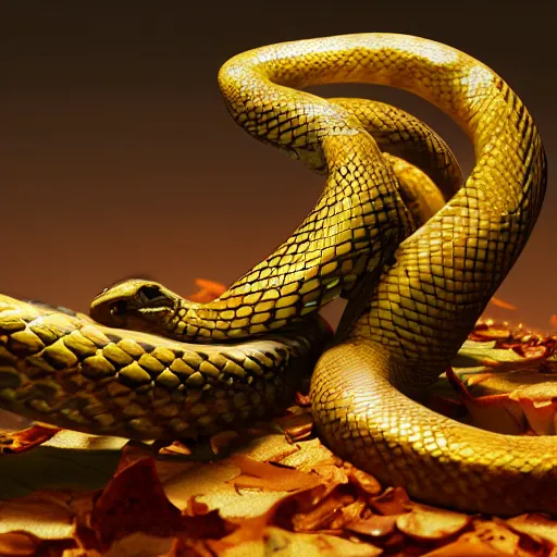 Prompt: Tropical snakes slithering out of a broken pumpkin, studio lighting, unreal engine, RTX, volumetric, octane render, weta digital, Caustic, 8k, awesome, clear, hyperrealistic, hyper detailed, focused, clear