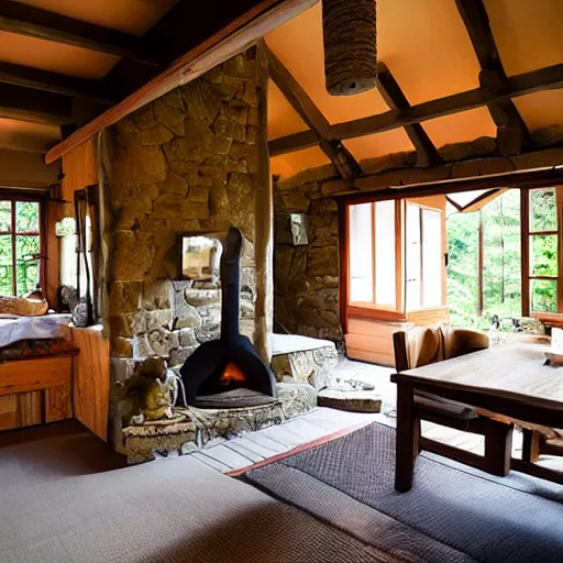 Prompt: interior of cozy stone cottage with english and japanese style, forest theme