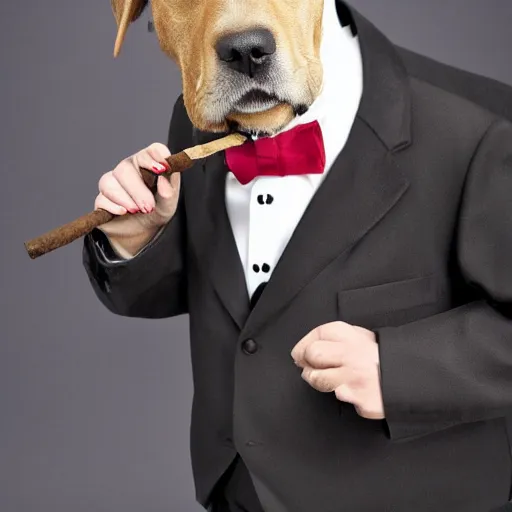 Prompt: labrador dressed a tuxedo smoking a cigar