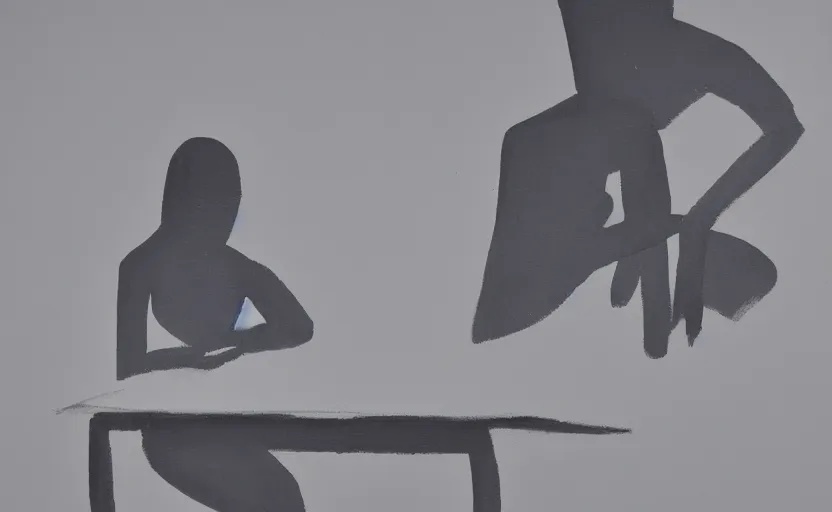 Prompt: minimal painting of seated figure hands on table. similar aesthetics to ivon hitchins and in the style of john craxton sailors. a table. studio lighting. charcoal. holding