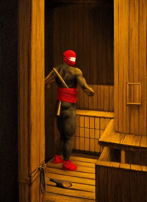 Image similar to ninja in finnish sauna, backround dark, highly detailed, digital illustration, trending in artstation, modern painting, smooth, sharp focus, intricate, einar jonsson, ilya repin