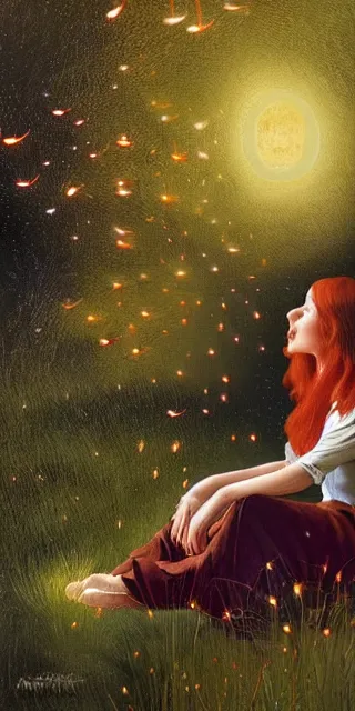 Image similar to infp young woman, smiling, amazed by golden fireflies lights, sitting in the midst of nature fully covered, long loose red hair, intricate linework, green eyes, small nose with freckles, oval shape face, realistic, expressive emotions, dramatic lights, hyper realistic ultrafine art by artemisia gentileschi, albert bierstadt, artgerm