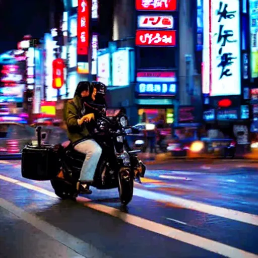 Image similar to duck driving a motorcycle through tokyo at night