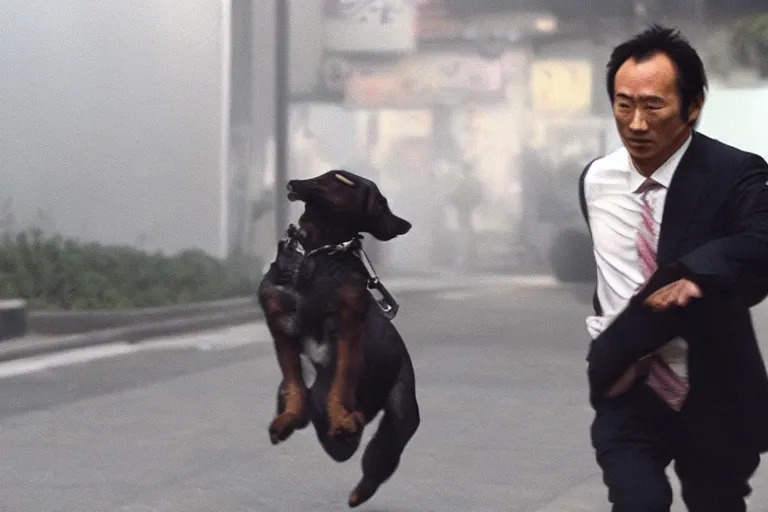 Prompt: cinematography action movie closeup portrait of a Japanese business man carrying his dog running from an explosion in Tokyo by Emmanuel Lubezki