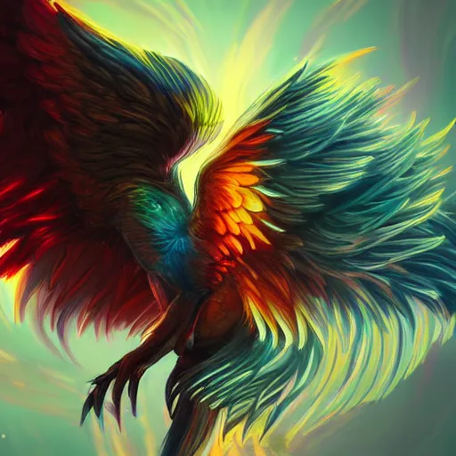 Prompt: artwork of a phoenix, highly detailed, artstation, rainbow colors, night black sky background, smooth illustration, digital art, unreal engine, ultra realistic, fine art, concept art