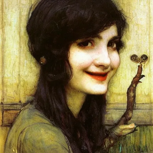 Image similar to black haired young woman holding a toad and smiling, john william waterhouse, soft lighting, romantic, love