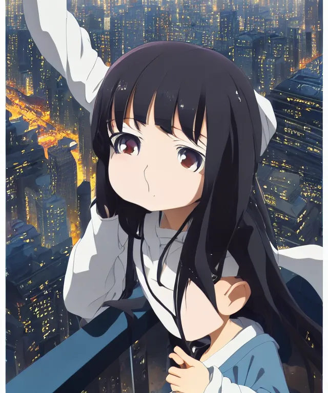 Image similar to anime visual, portrait of a young black haired girl wearing hoodie sightseeing above the city, guardrail, cute face by yoh yoshinari, katsura masakazu, dramatic lighting, dynamic pose, dynamic perspective, strong silhouette, ilya kuvshinov, anime cels, 1 8 mm lens, fstop of 8, rounded eyes, moody, detailed facial features