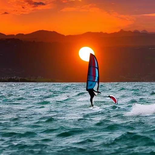 Image similar to windsurfing over stormy lake geneva with sunset in the back