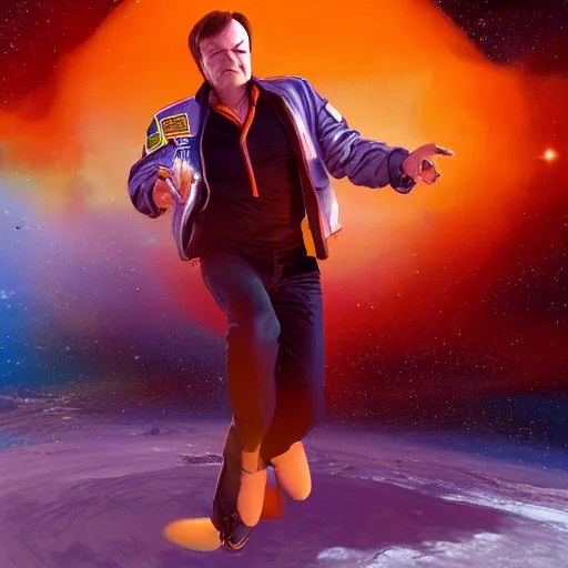 Image similar to hyperrealistic film full body still of quentin tarantino in space, stunning 3 d render, inspired by istvan sandorfi & greg rutkowski & unreal engine, perfect symmetry, dim volumetric cinematic lighting, 8 k octane comprehensive render, extremely hyper - detailed, incredibly lifelike attributes, intricate, real flesh texture, masterpiece, artstation, stunning,