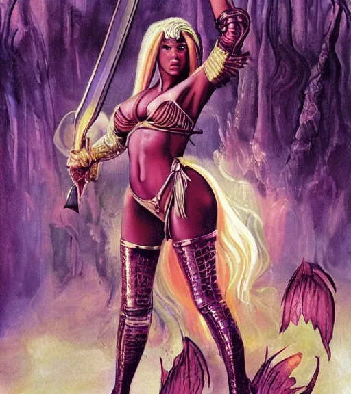 Prompt: 1 9 8 0 s fantasy novel book cover, nicki minaj in extremely tight bikini armor wielding a cartoonishly large sword, exaggerated body features, dark and smoky background, low quality print