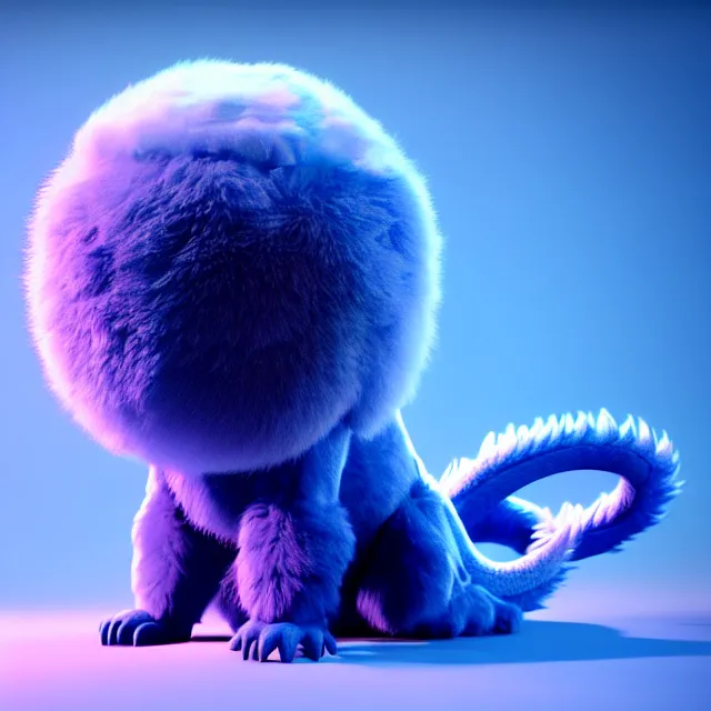 Image similar to a fluffy indigo ball with tiny paws poking on opposite sides and an anthropomorphic male dragon head at the top, soft colors, spherical, round, cute, unreal engine 5, octane render, vivid