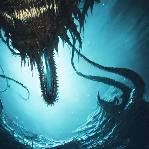 Image similar to a spiky eldritch underwater sea monster with sharp teeth illuminated by a spotlight in the deep dark ocean by Marek Okon, god rays, fantasy art, 4k, HDR, photorealistic, 8k, trending on artstation