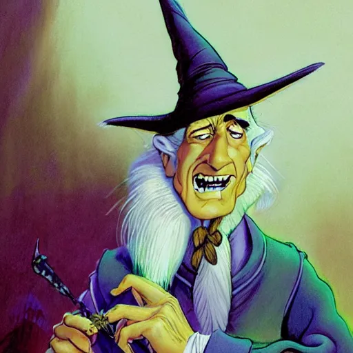 Prompt: exquisite portrait of an old wizard with a crystal wand, rodel gonzalez, marc davis, milt kahl, jim warren, don bluth, glen keane, jason deamer, rob kaz, character art, concept art