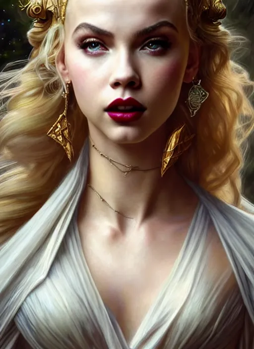 Image similar to ultra realistic illustration, a stunningly beautiful greek gothic goddess of chaos played by jordyn jones and dove cameron and margot robbie and taylor swift and megan fox, intricate, elegant, highly detailed, digital painting, artstation, concept art, smooth, sharp focus, illustration, art by artgerm and greg rutkowski and alphonse mucha