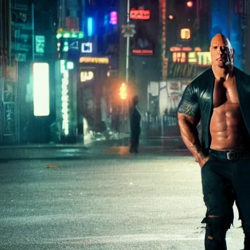 Prompt: Dwayne Johnson on the street in the night of cyberpunk city, bright lighting, high quality, ultra detailed , full body