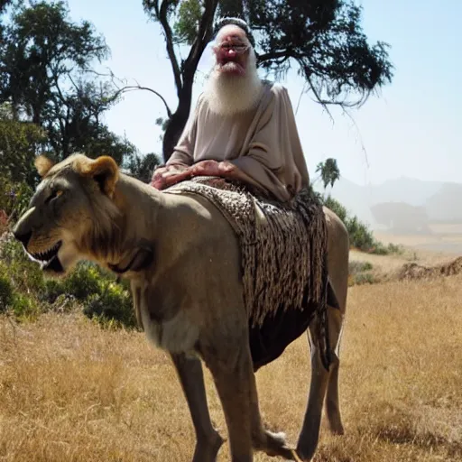 Prompt: old man ( wise long white beard wearing a hooded tunic ) riding on lions back