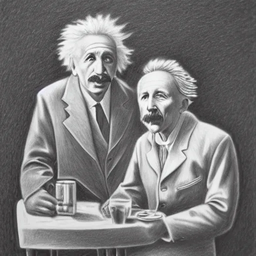 Image similar to Einstein and Tesla sitting at cafe, pencil drawing, ultra detailed