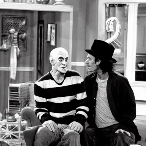 Prompt: freddy krueger and ross in a still from the sitcom friends