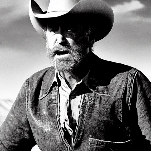 Prompt: Joe Biden as a Cowboy, gritty, sharp detail, epic, dramatic, western, yellow tint, cigar, movie still, serious,