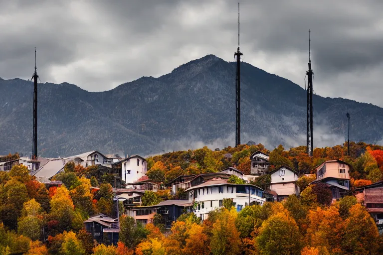 Prompt: warehouses lining a street, with an autumn mountain directly behind it. radio tower on the mountain, lens compression. photography