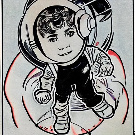 Image similar to a cute little boy with a mischievous face and short ginger hair. he is dressed as an astronaut. well composed, clean elegant painting, beautiful detailed face. comic book art by steve ditko and jack kirby and ( alphonse mucha )