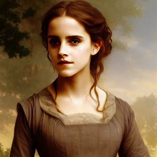 Image similar to Painting of Emma Watson as Hermione Granger. Art by william adolphe bouguereau. During golden hour. Extremely detailed. Beautiful. 4K. Award winning.