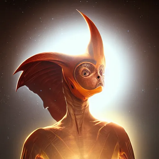 Image similar to portrait of an extraterrestrial creature, looking like a bird, renaissance style, star wars character, volumetric lights, symmetry, headpiece, trending on artstation, sharp focus, leica, studio photo, intricate details, highly detailed