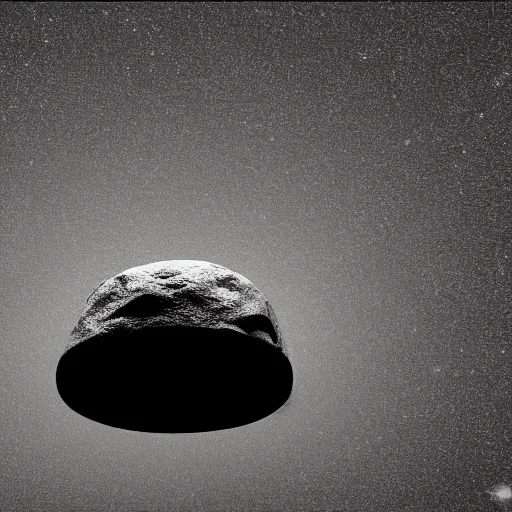 Image similar to a large boulder rock with a metallic finish is embedded in a circular matte black industsrial stage in the center of a dark space, a ring of overhead lights cast onto the rock and it throws caustic reflections into space, low misty atmosphere, hyper realistic image in the style of jeremy geddes but photo real, dark black space, 8k octane render