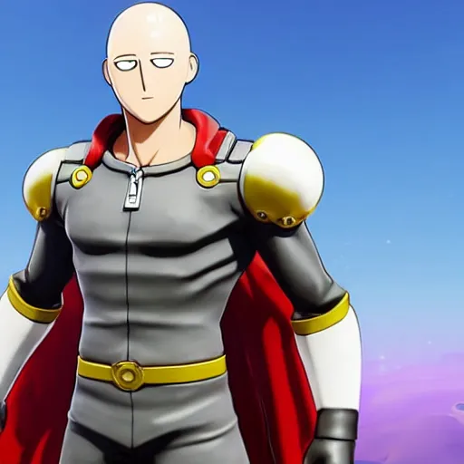 Image similar to one punch man in fortnite, character render, full body shot, highly detailed, in game render