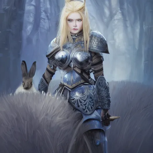 Prompt: young blonde female warrior in heavy blue and white armor, very beautiful and proportional face, surrounded by rabbits and exotic creatures, epic wallpaper, wide shot, high fantasy, flowers and trees, intricate detail, digital painting, artstation, concept art, smooth, sharp focus, illustration, art by monia merlo and wlop and artgerm and craig mullins