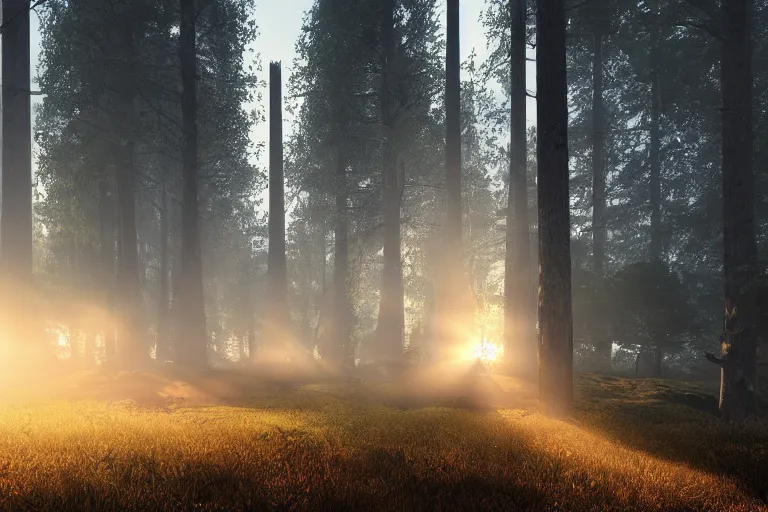 Image similar to glowing doors of a bunker in a forest, sunset, light fog, strong sunbeams are breaking through the tall trees, 4k, ultra details, cinematic, epic style, beautiful photo, hyper realistic, octane render, unreal engine, award winning, on artstation, volumetric lightning, masterpiece, golden hour,