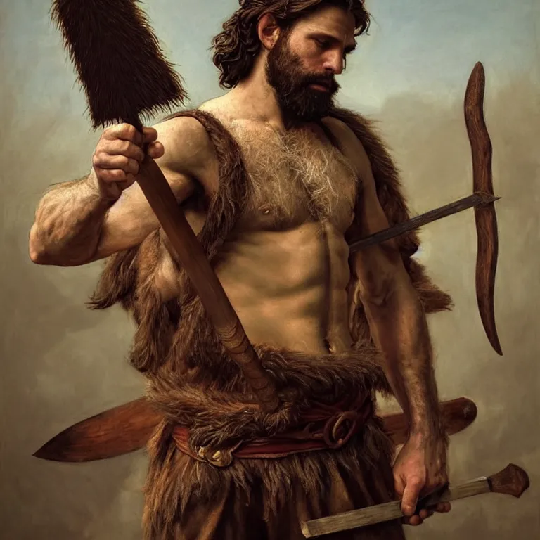 Image similar to renaissance painting full body portrait of a gruff ranger with a spear, lean and toned, handsome face, hairy chest and hairy body, D&D, intricate, elegant, highly detailed, digital painting, artstation, concept art, matte, sharp focus, chiaroscuro, well list, illustration, art by Artgerm and Greg Rutkowski and Alphonse Mucha