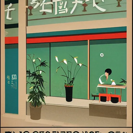 Image similar to taiwanese cafe with cannabis pot plants 🪴 utopia frontage poster by will barnet