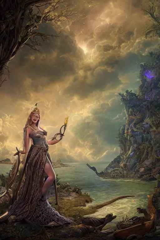 Image similar to A fantasy book style portrait painting of the Great Turtle Island at the center of the Universe, accompanied by a hybrid, Anya_Taylor-Joy, Cory Chase, Eva Green, as a Mystical Valkyrie, Anubis-Reptilian, Atlantean Warrior, François Boucher, Oil Painting, unreal 5, DAZ, hyperrealistic, octane render, Regal, Refined, Detailed Digital Art, RPG portrait, Walt Disney (1937), William-Adolphe Bouguereau, Michael Cheval, Steampunk, Volumetric Golden dappled dynamic lighting, Highly Detailed, Cinematic Lighting, Unreal Engine, 8k, HD