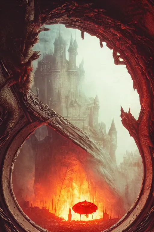 Prompt: a castle burning inside a dragons eye by Greg Rutkowski, Sung Choi, Mitchell Mohrhauser, Maciej Kuciara, Johnson Ting, Maxim Verehin, Peter Konig, Bloodborne, macro lens, 35mm, 8k photorealistic, cinematic lighting, HD, high details, atmospheric,