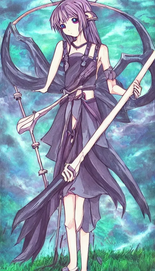 Image similar to a beautiful link drawing of the being death as a cute anime girl with a giant scythe from a studio ghibli film inspired by the death tarot card, dark vibes