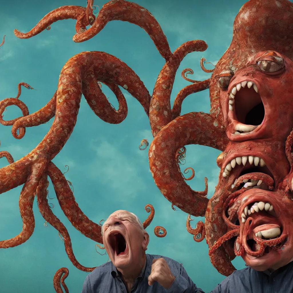 Image similar to a widescreen colorchrome portrait photo of a old happy screaming man holding a giant giant octopus with 6 eyes, style steve mccurry octane render 8 k